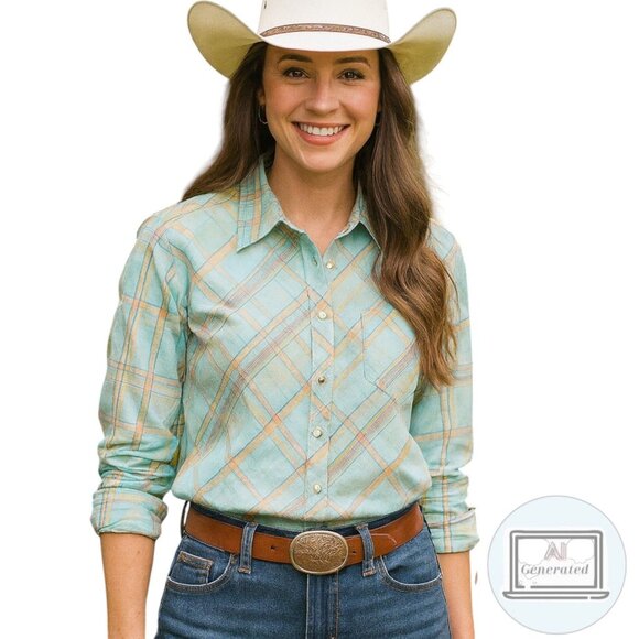 Wrangler | Twenty X Womens Western Shirt Aqua Plaid Metallic Snap Front Size XL - Picture 1 of 12